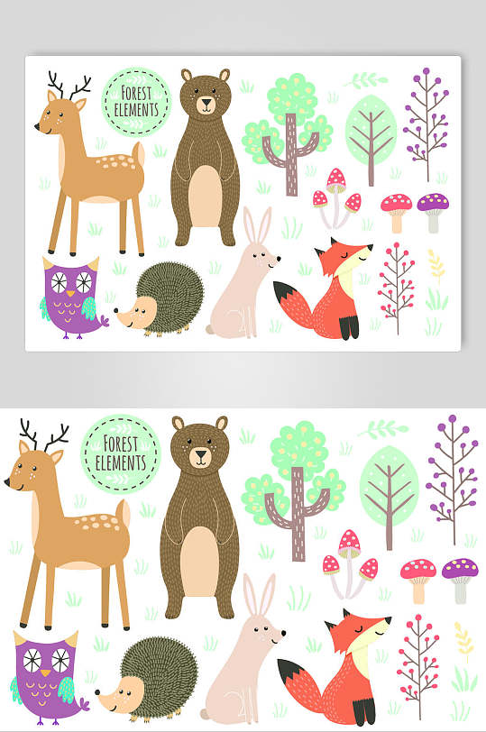 树木麋鹿清新卡通手绘图案矢量素材