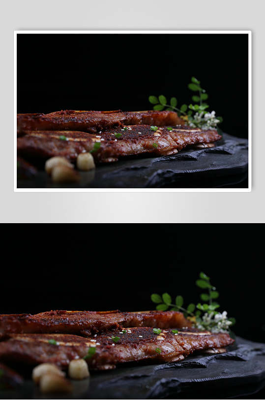 烹饪好的肉排石板烤肉串图片