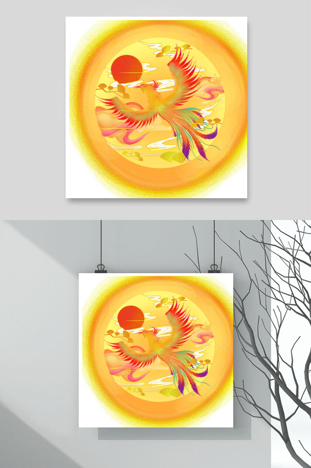 祥云花朵国潮凤凰插画素材素材