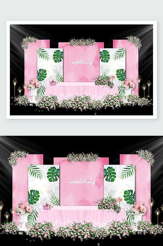 粉绿植物简约风火烈鸟婚礼舞美设计-众图网