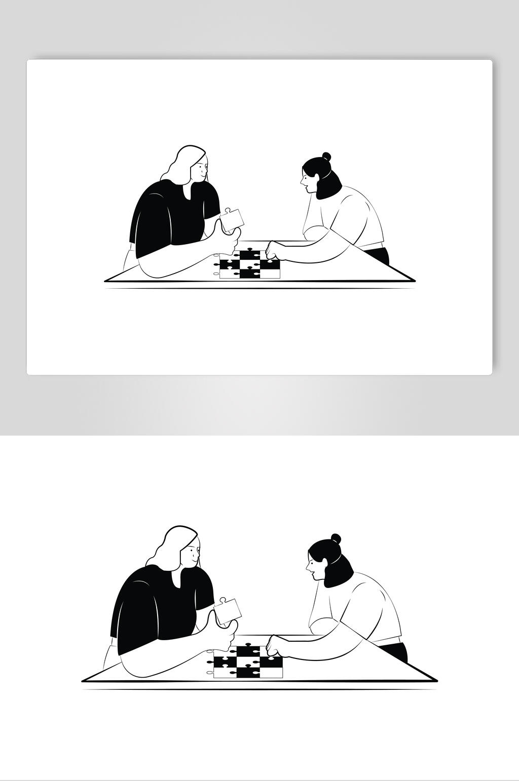 拼图黑白线条人物矢量素材素材