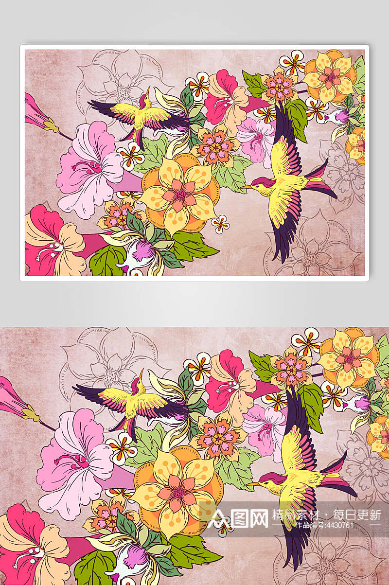 小鸟花朵简约时尚吉祥图案插画素材素材