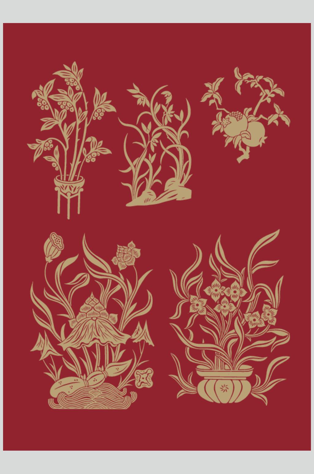 红色花盆古典花草吉祥纹样矢量素材素材