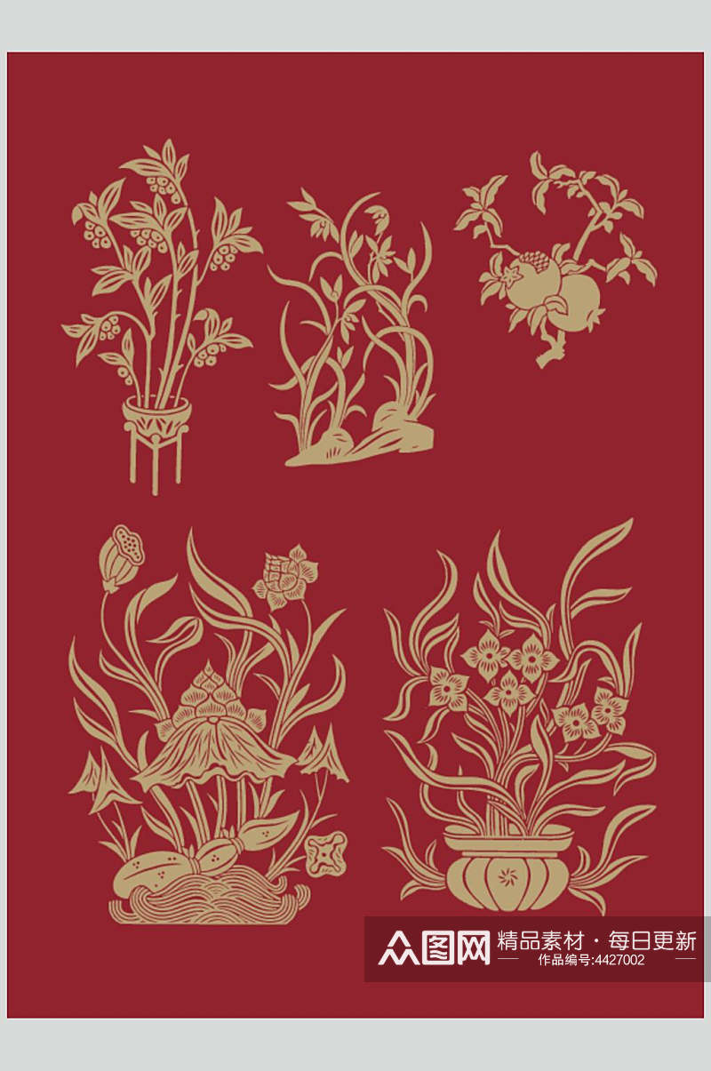 红色花盆古典花草吉祥纹样矢量素材素材