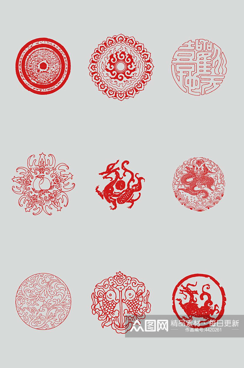 红色花朵锦鲤古风图腾图案矢量素材素材
