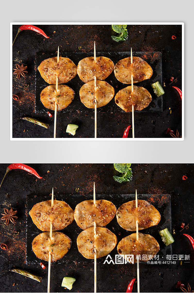 竹签土豆片八角黑烧烤美食图片素材