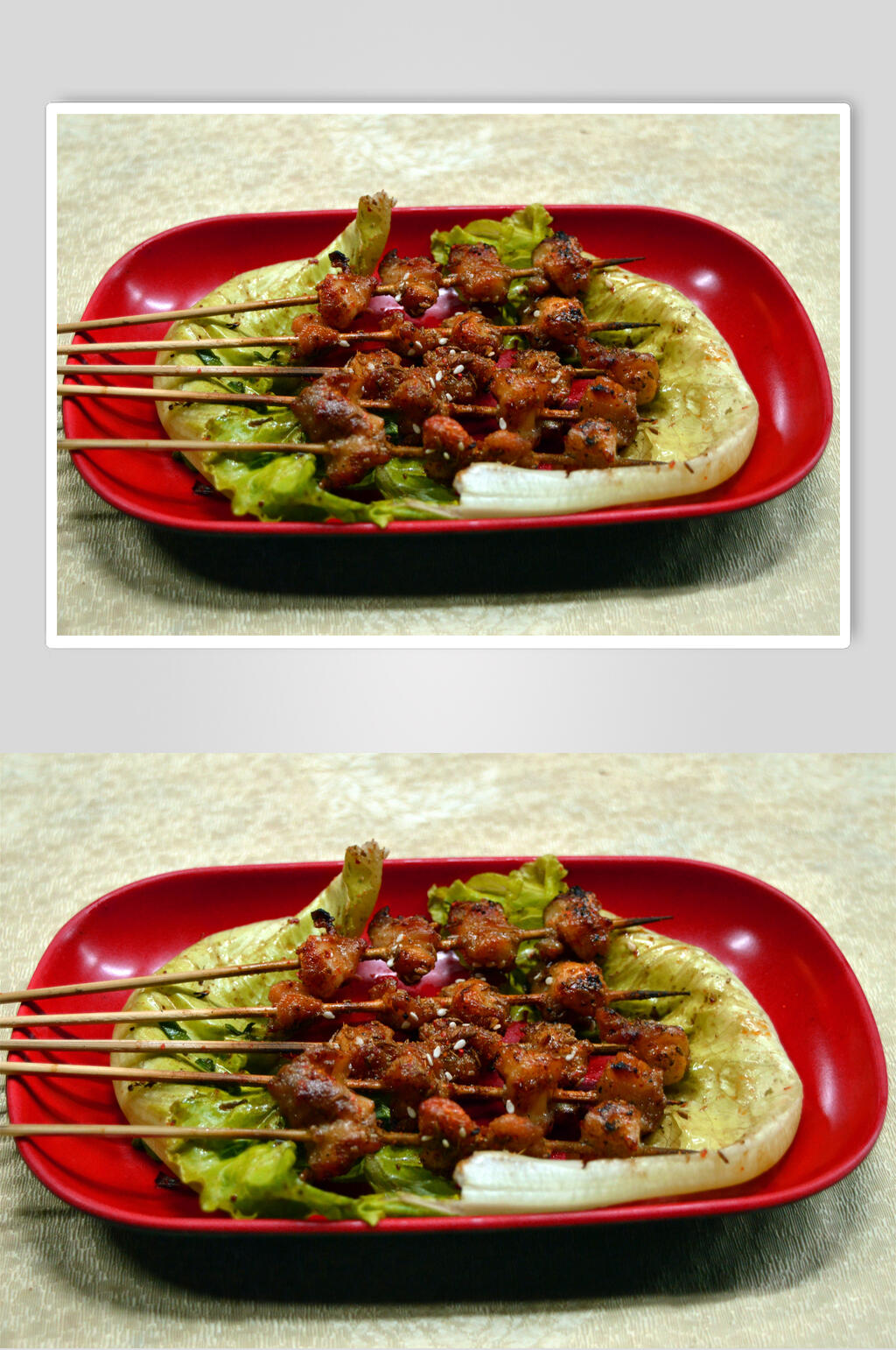 红色盘子生菜烤羊肉串烧烤串串图片素材