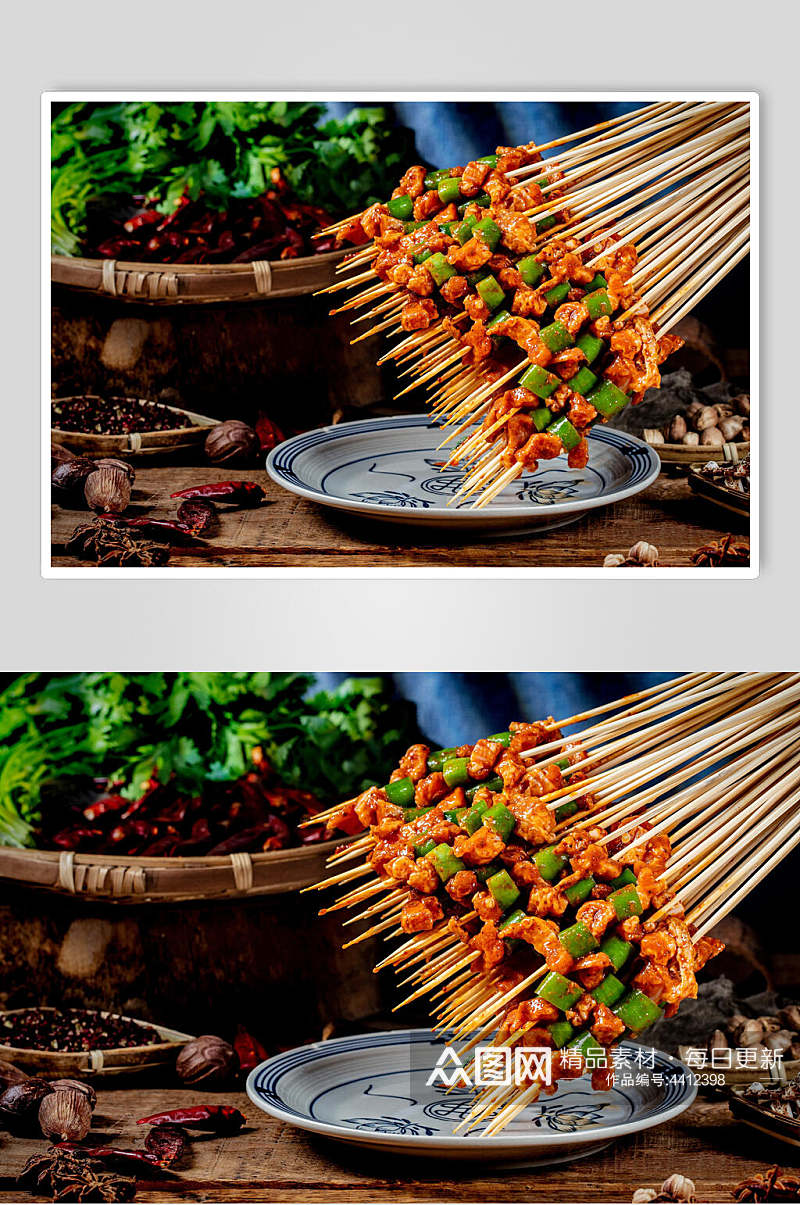 陶瓷盘竹签青菜棕烧烤串串图片素材