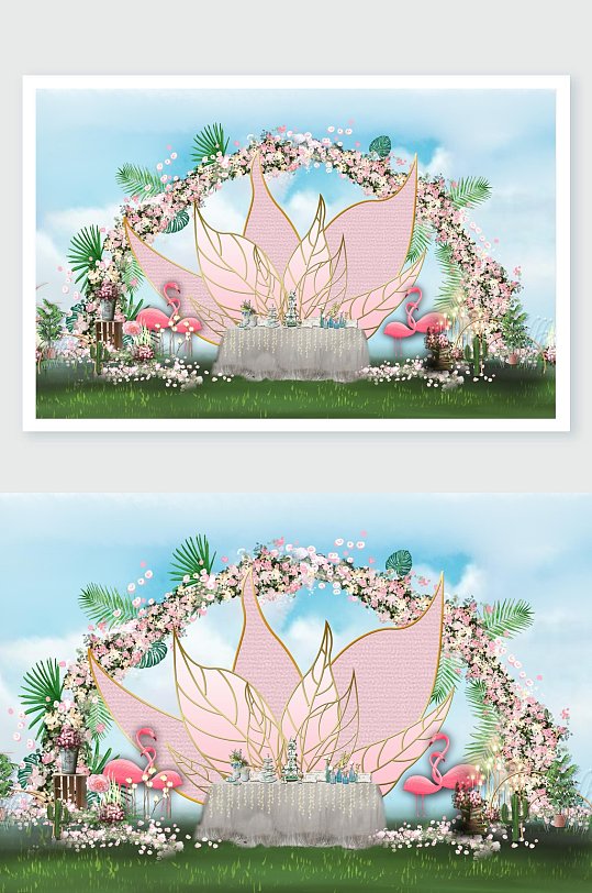 叶子粉蓝唯美火烈鸟婚礼舞美设计-众图网