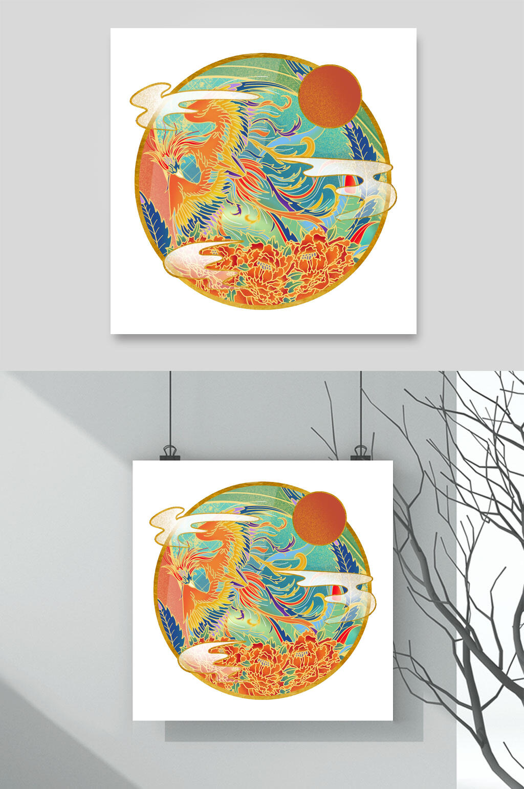 圆形花朵黄绿简约国潮凤凰插画素材素材
