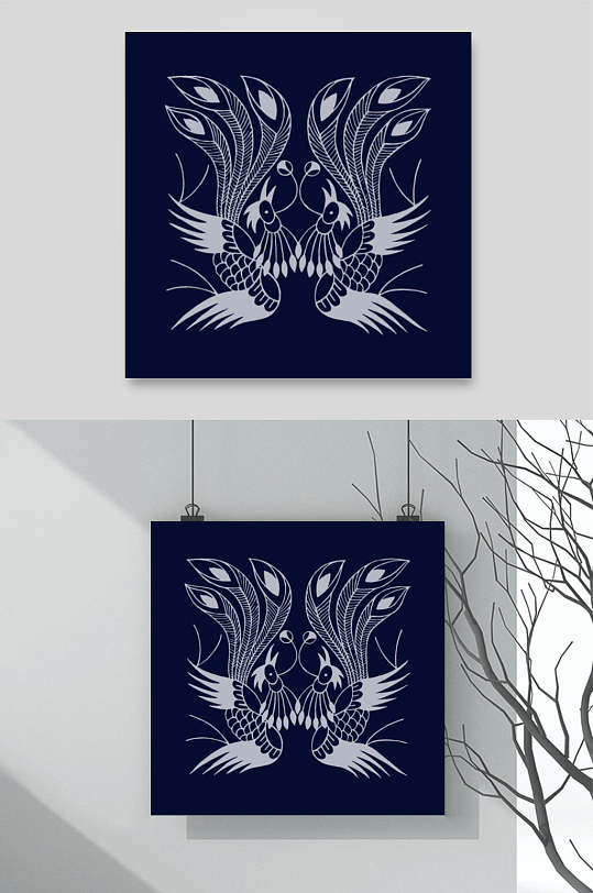 线条动物深蓝苗族蜡染图案矢量素材