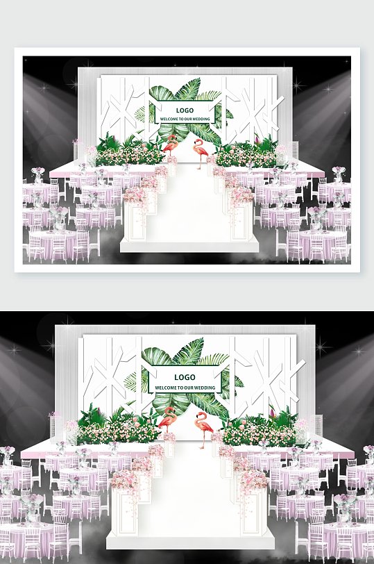 粉绿植物椅子火烈鸟婚礼舞美设计
