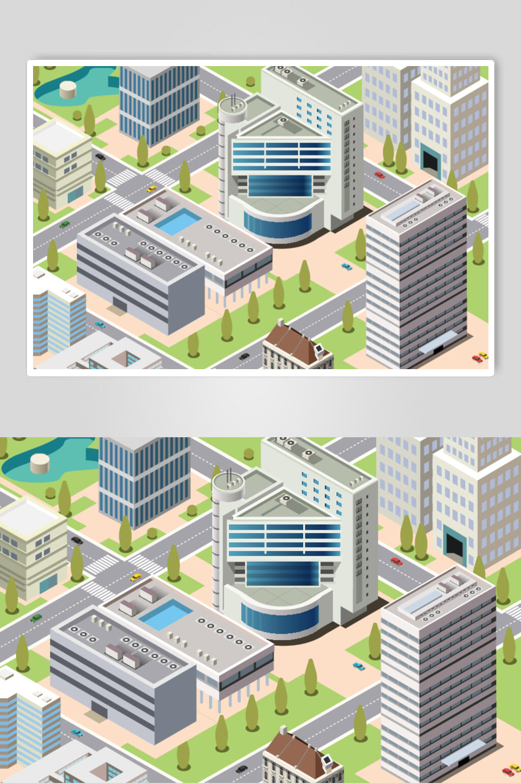 黄绿树木手绘城市建筑房屋矢量素材素材