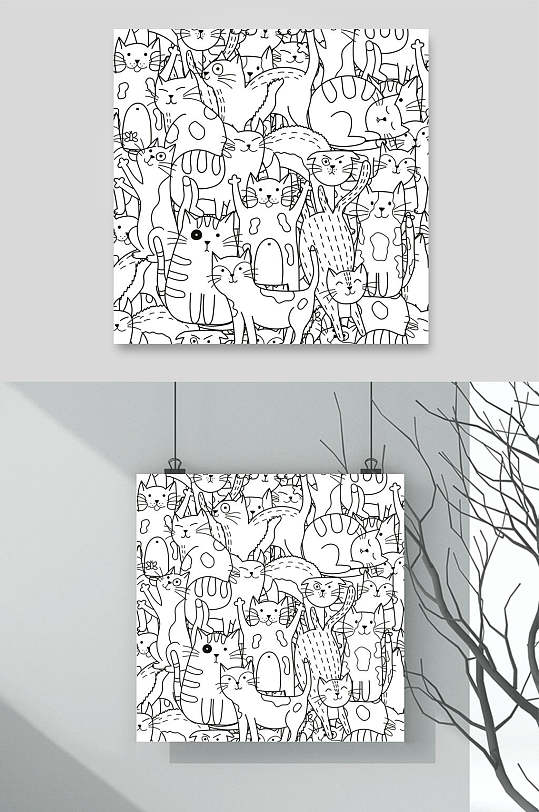 猫咪树枝卡通手绘图案矢量素材