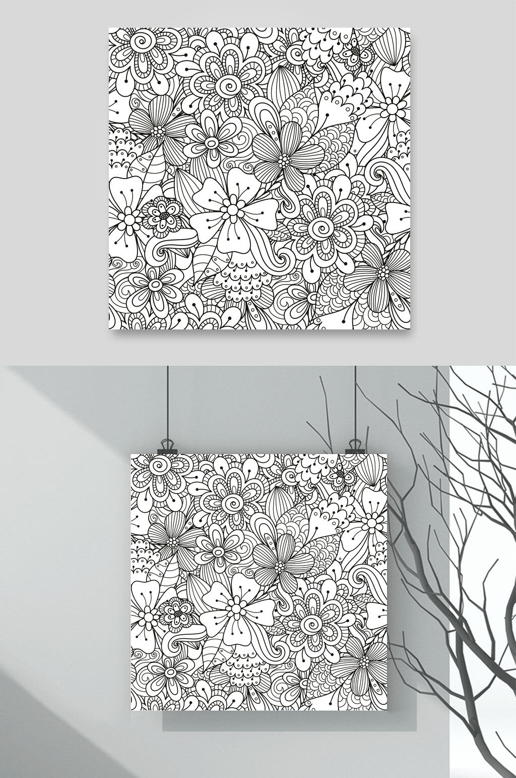花朵树枝卡通手绘图案矢量素材素材