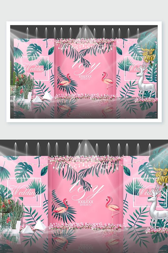 清新粉绿简约风火烈鸟婚礼舞美设计-众图网