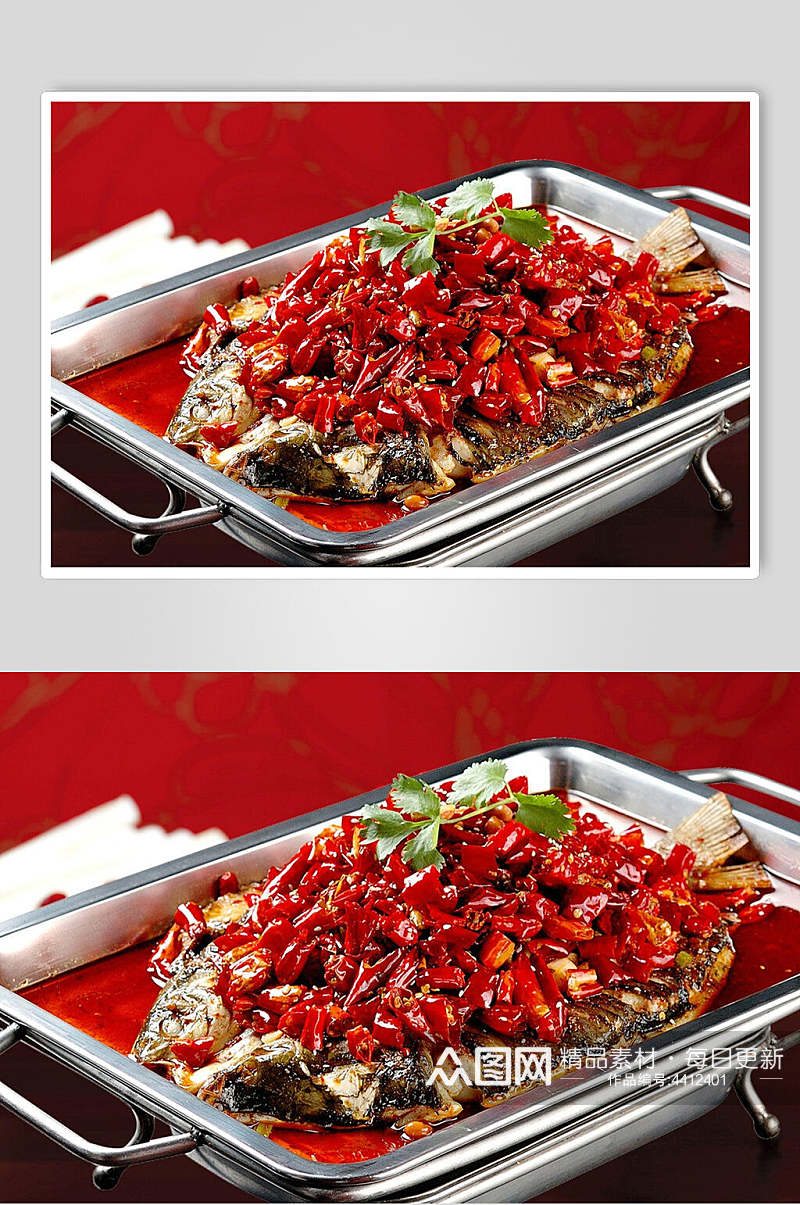 辣椒叶子酱汁红色美味烤鱼图片素材