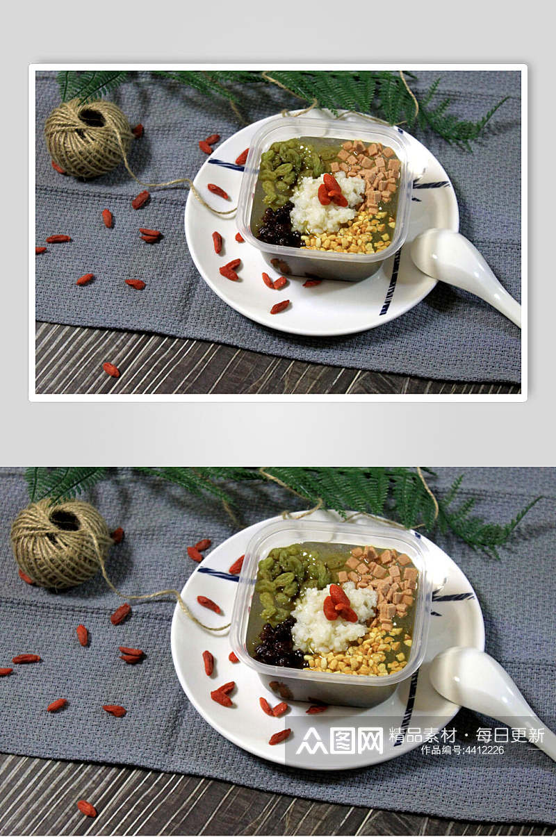 毛线团勺子陶瓷盘甜品冰粉图片素材