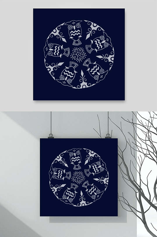 时尚圆形深蓝苗族蜡染图案矢量素材