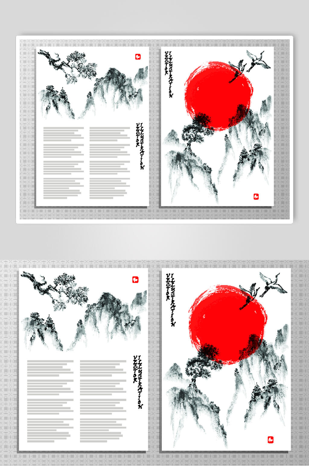 山峰仙鹤手绘清新水墨山水矢量素材素材