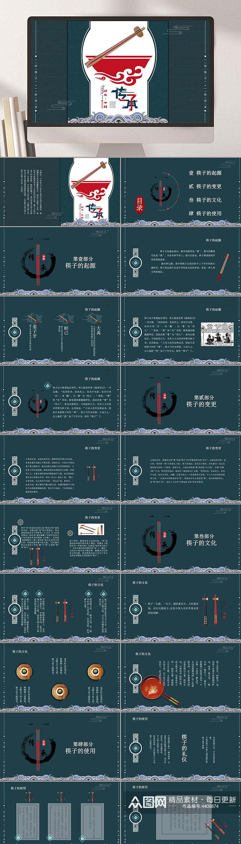 传承大气高端绿色筷子传统文化PPT素材