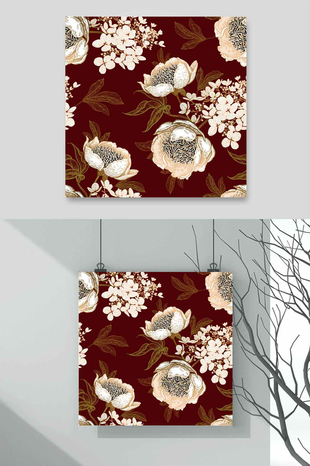 花朵红金简约奢华花鸟图案矢量素材素材