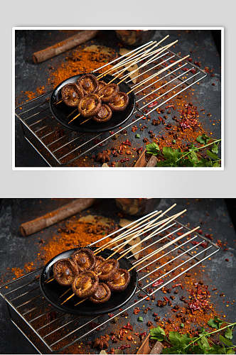 烤香菇辣烧烤美食图片