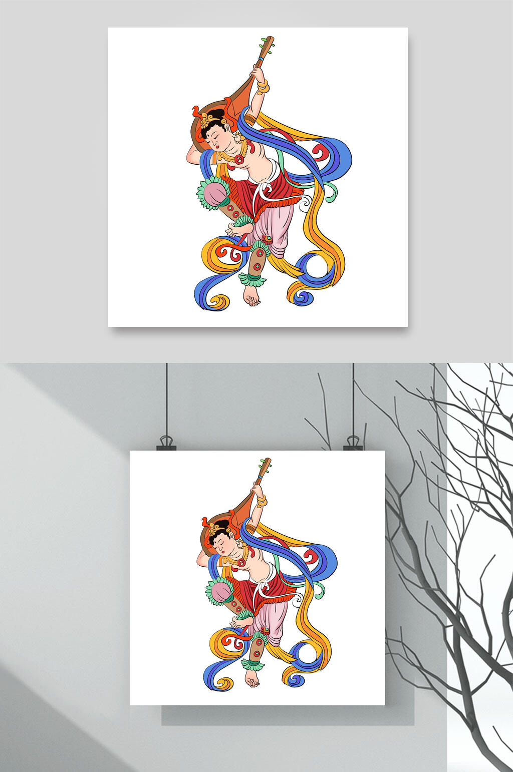 唯美手绘红蓝黄色古典女子插画素材素材