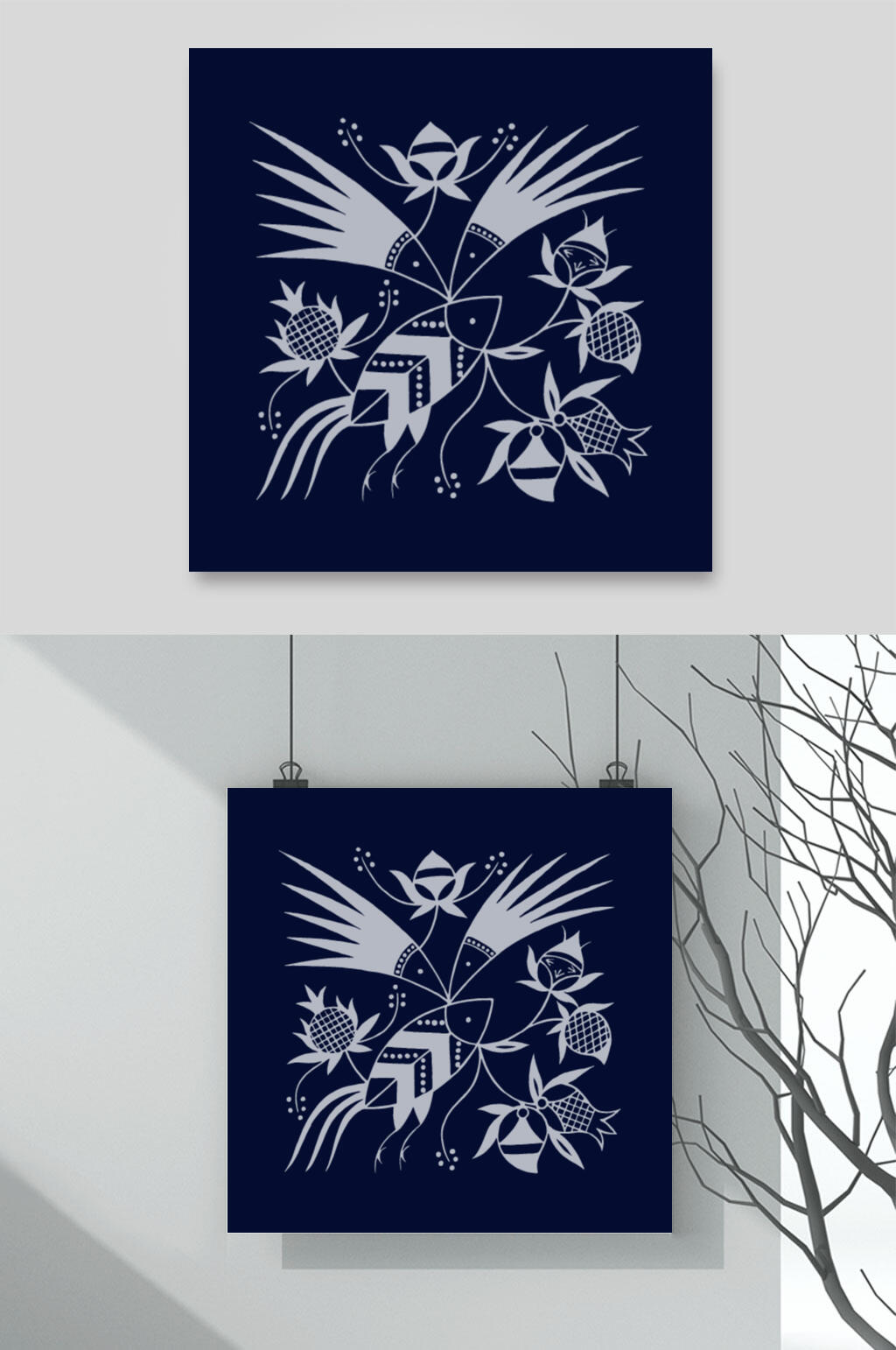 深蓝小鱼清新苗族蜡染图案矢量素材素材