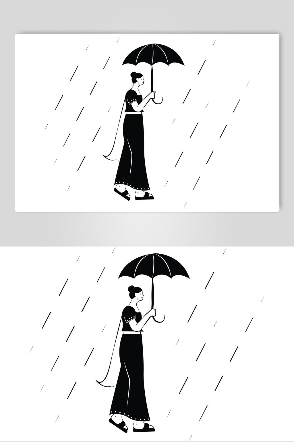 下雨了黑白线条人物矢量素材素材