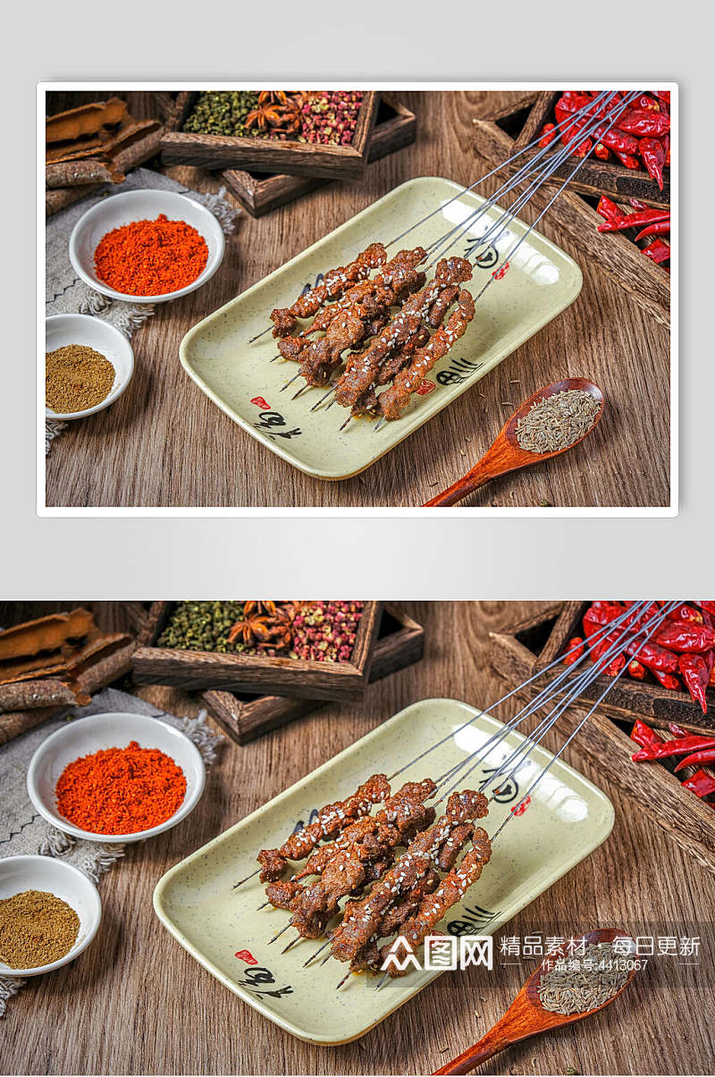 木勺子胡椒粉铁签子烧烤美食图片素材