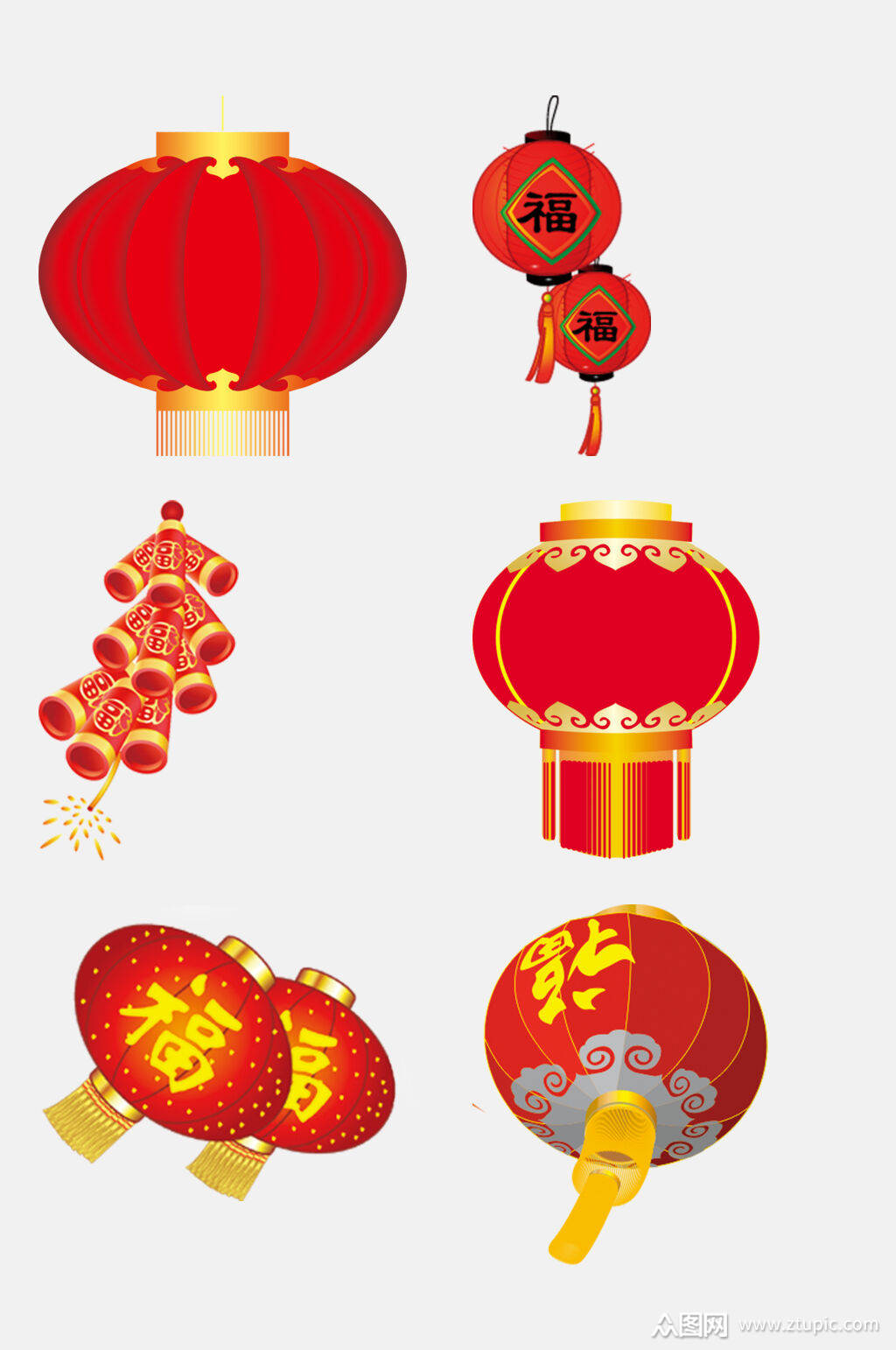 红色福字新年灯笼鞭炮免抠素材素材