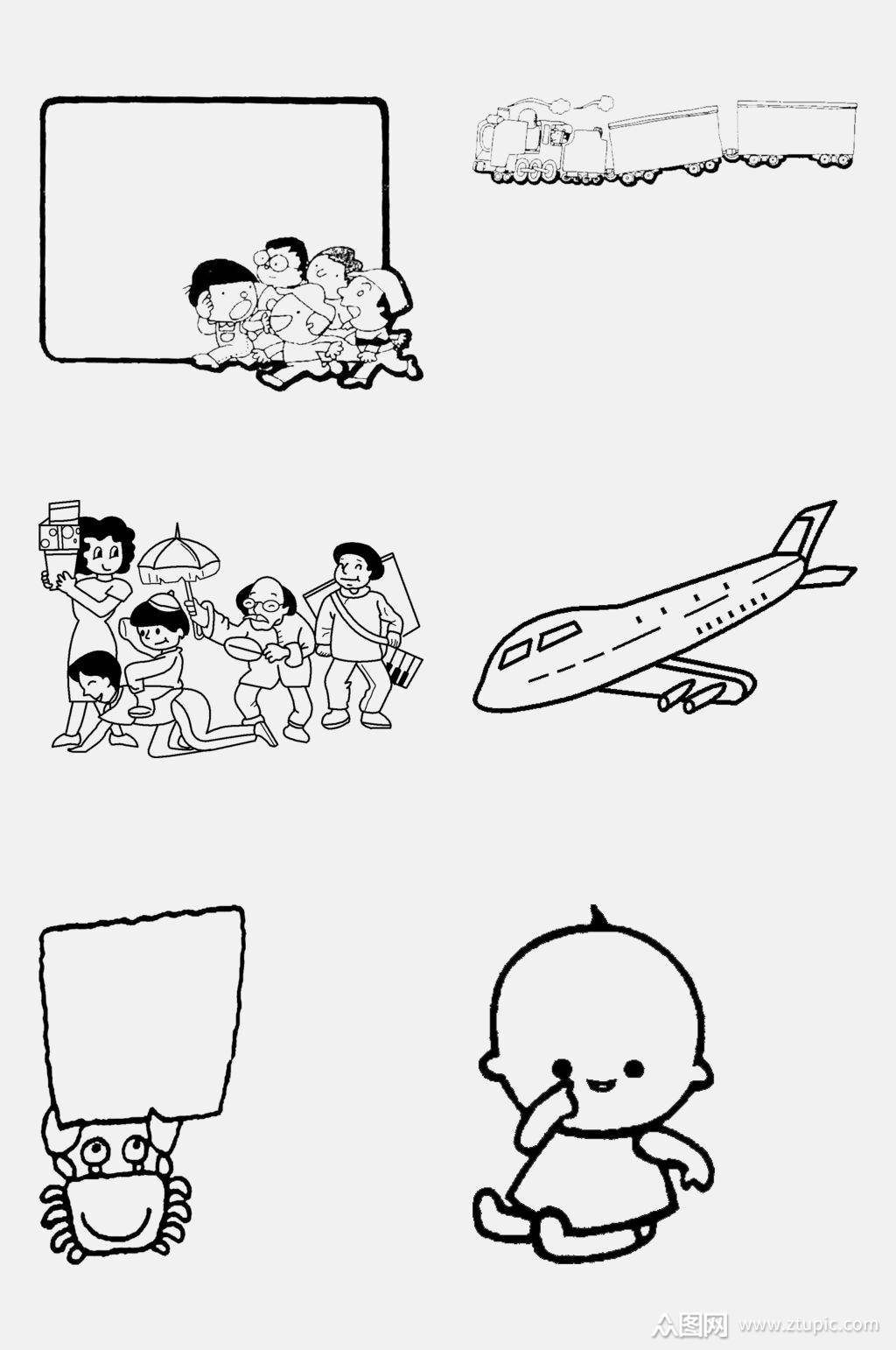 螃蟹飞机黑白线稿手绘图免抠素材模板下载-编号4432854-众图网