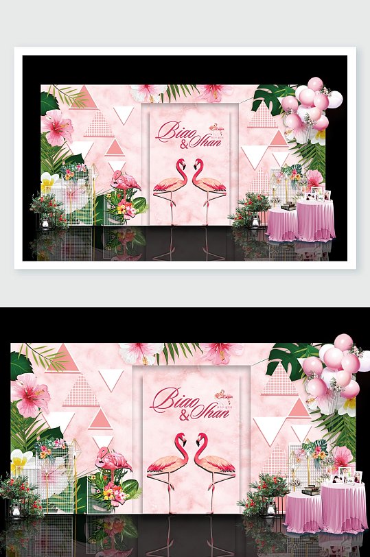 三角桌子粉植物火烈鸟婚礼舞美设计-众图网