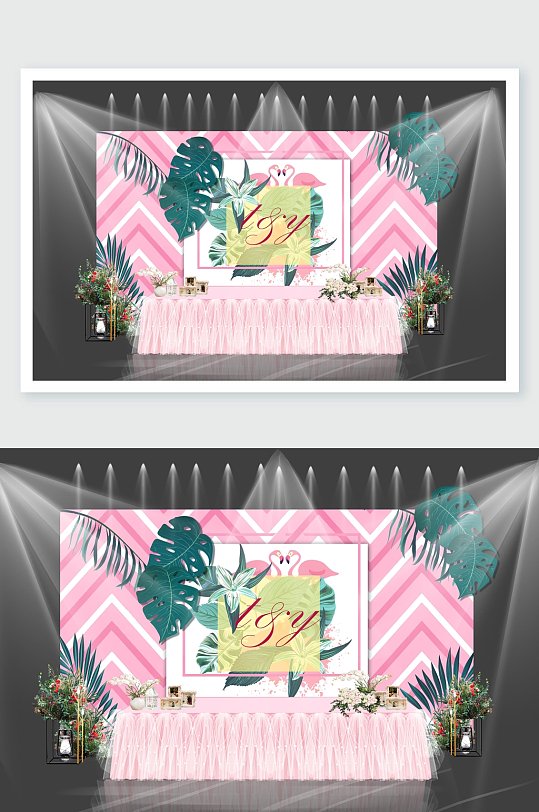 植物粉绿桌子火烈鸟婚礼舞美设计-众图网