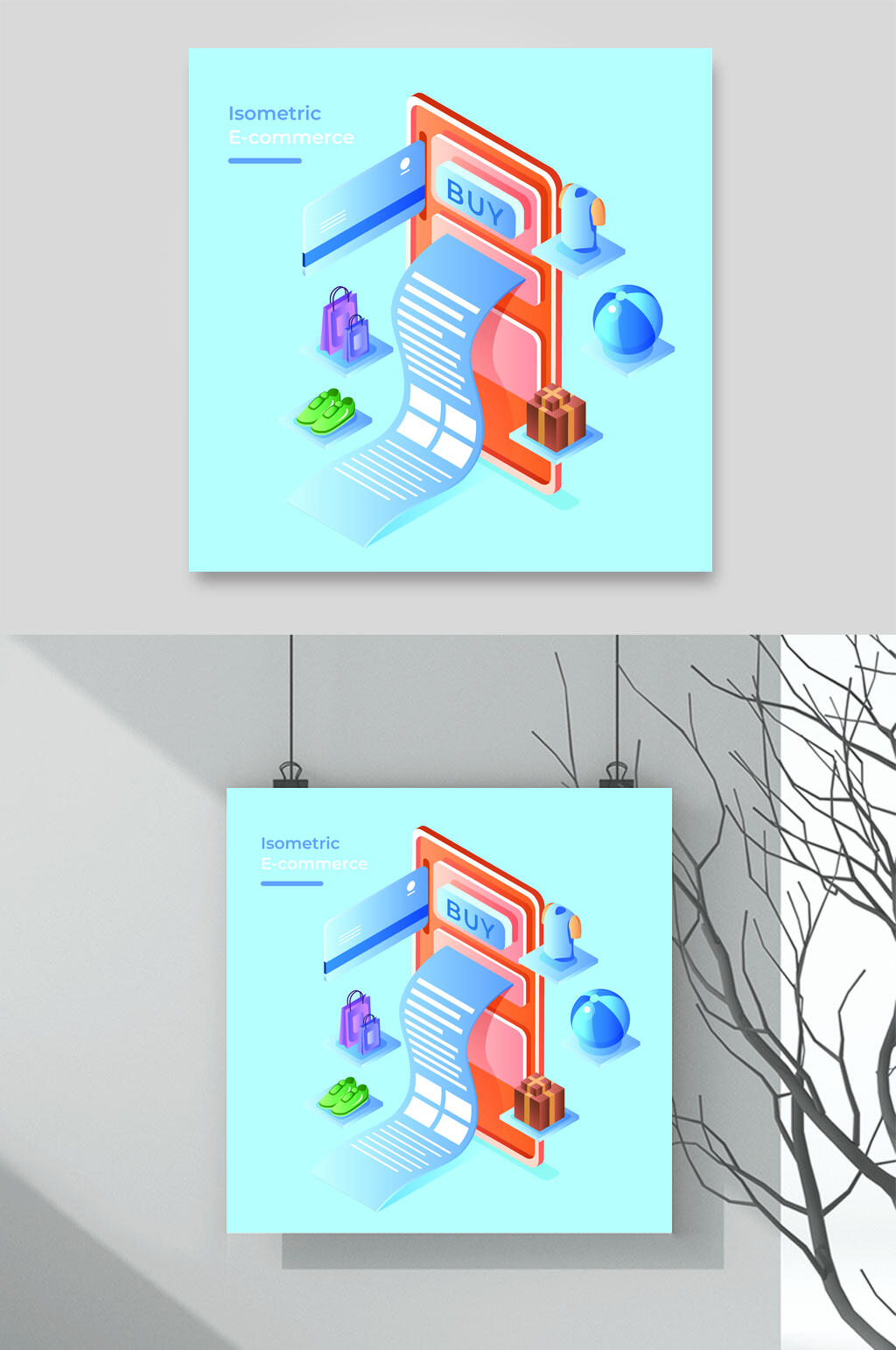 蓝色网购生活插画矢量素材素材