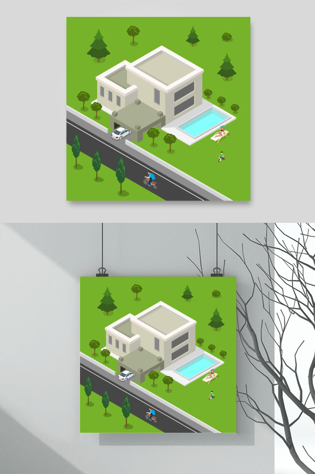 树木绿色简约清新房屋建筑矢量素材素材