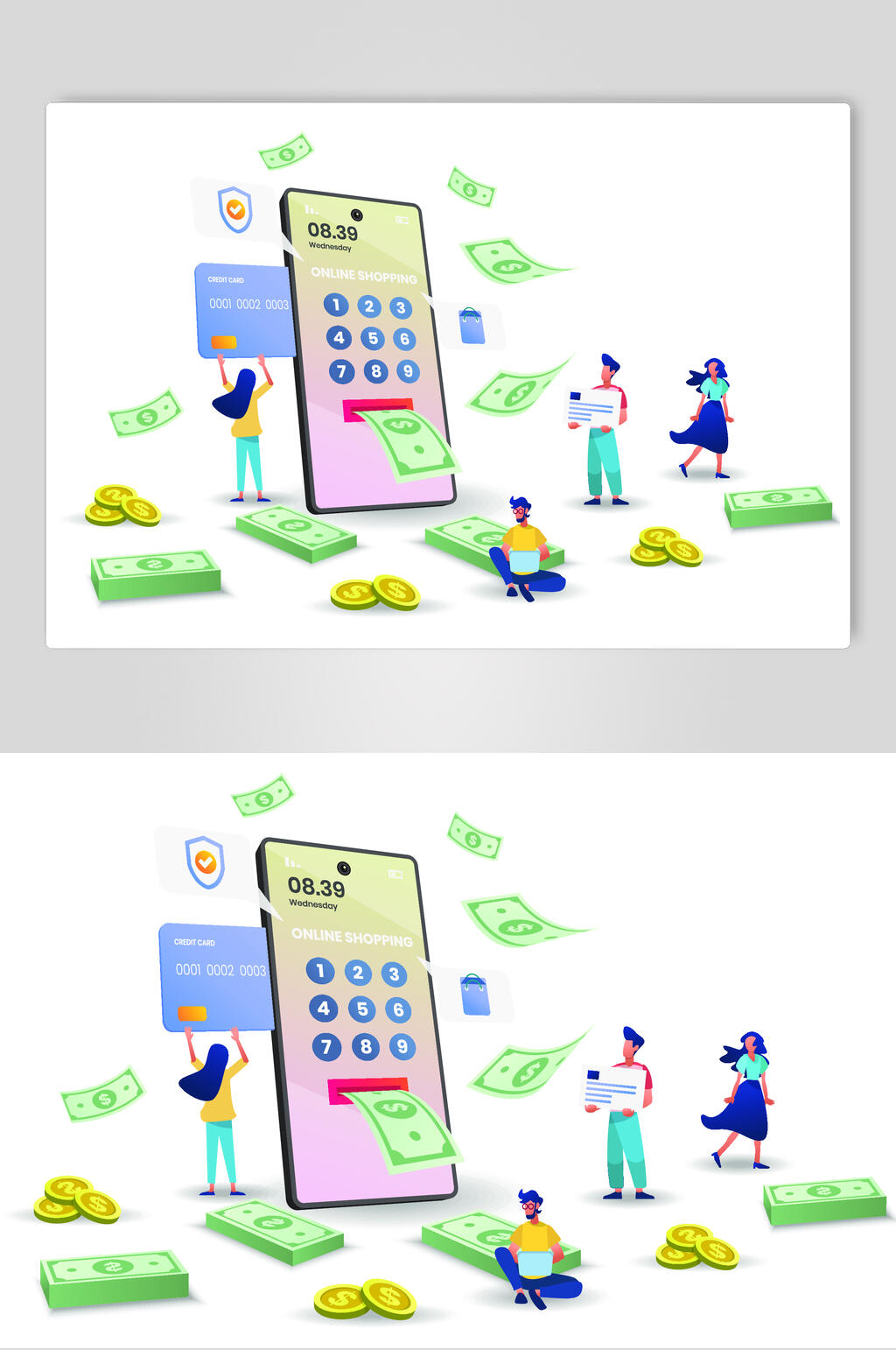 钱币绿色手机网购生活插画矢量素材素材