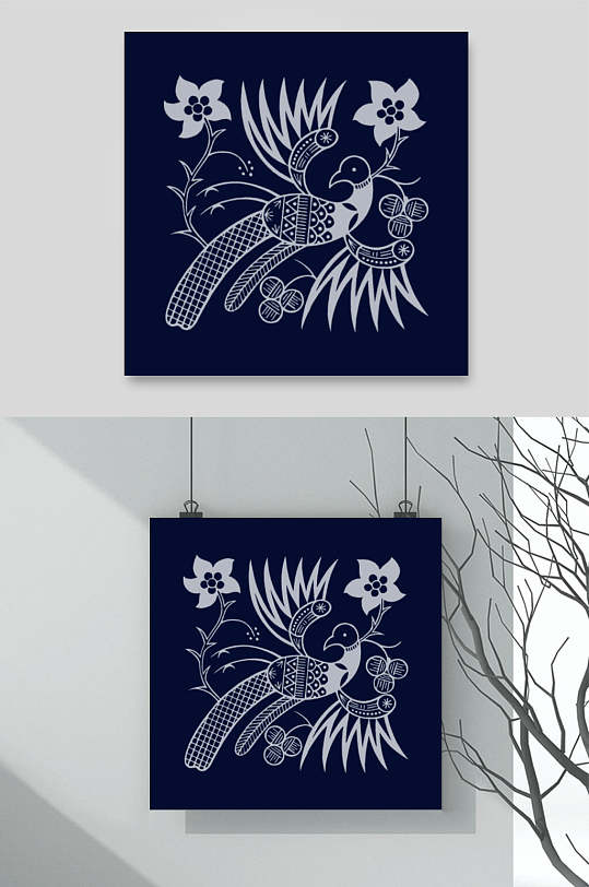 典雅花朵鸟苗族蜡染图案矢量素材