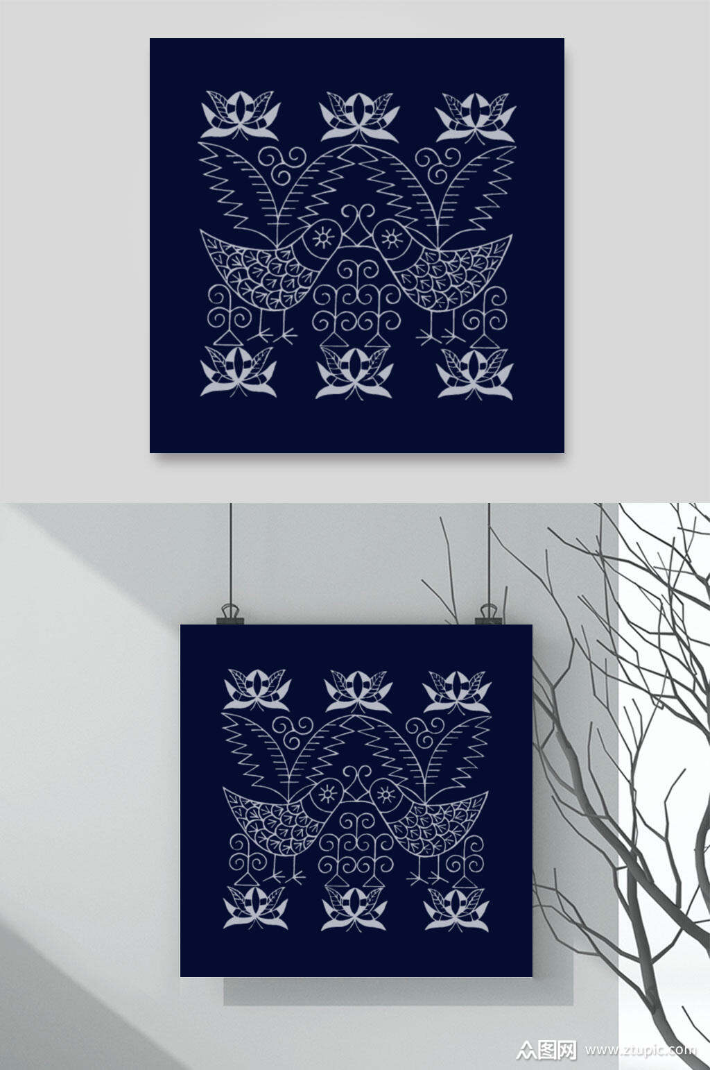 纹理小鸟清新苗族蜡染图案矢量素材素材