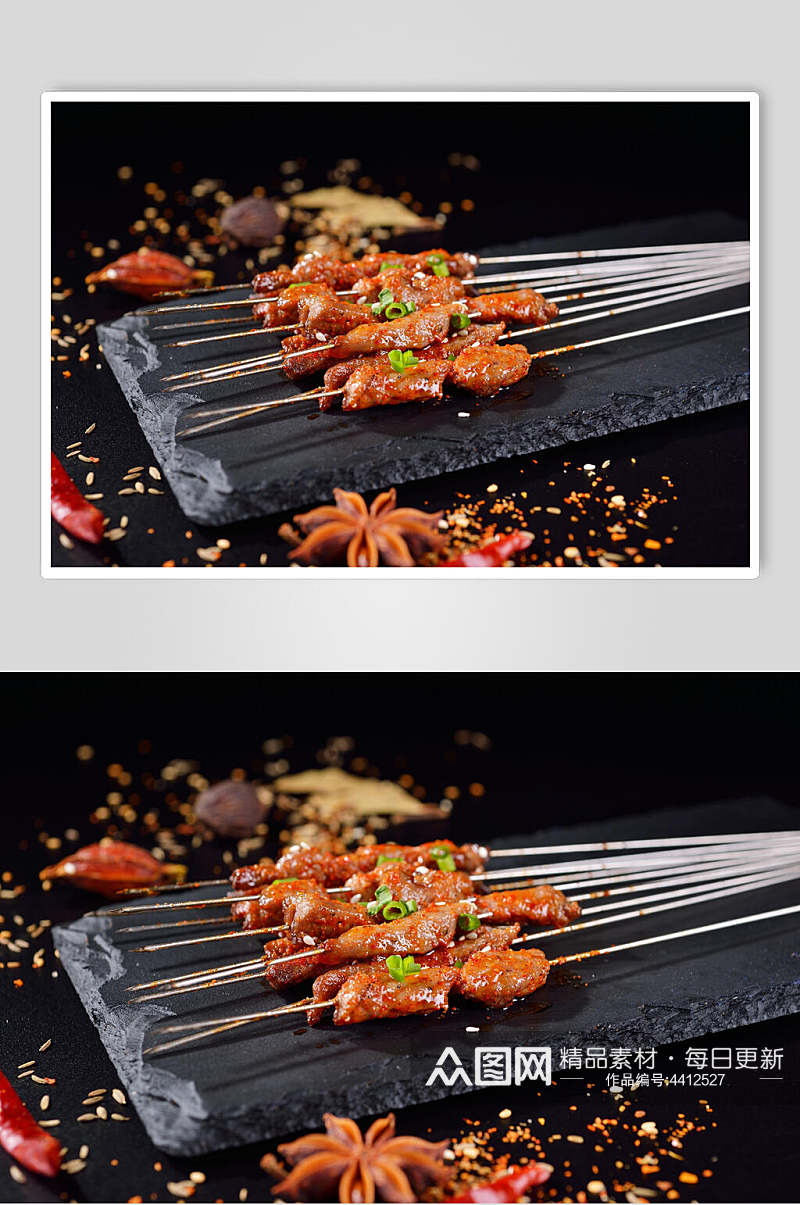 竹签葱花石板黑色烧烤美食图片素材