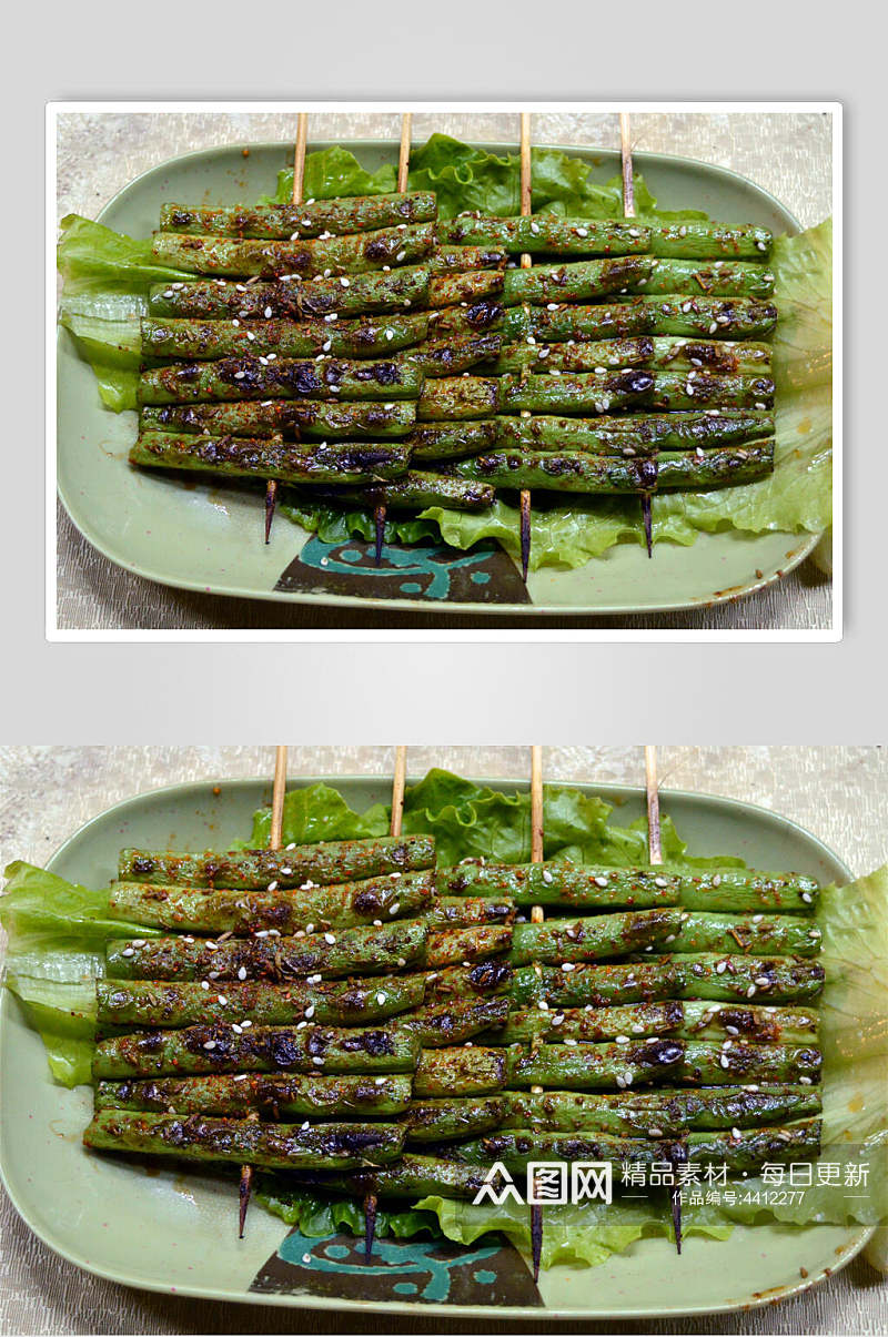 竹签四季豆盘子绿烧烤串串图片素材