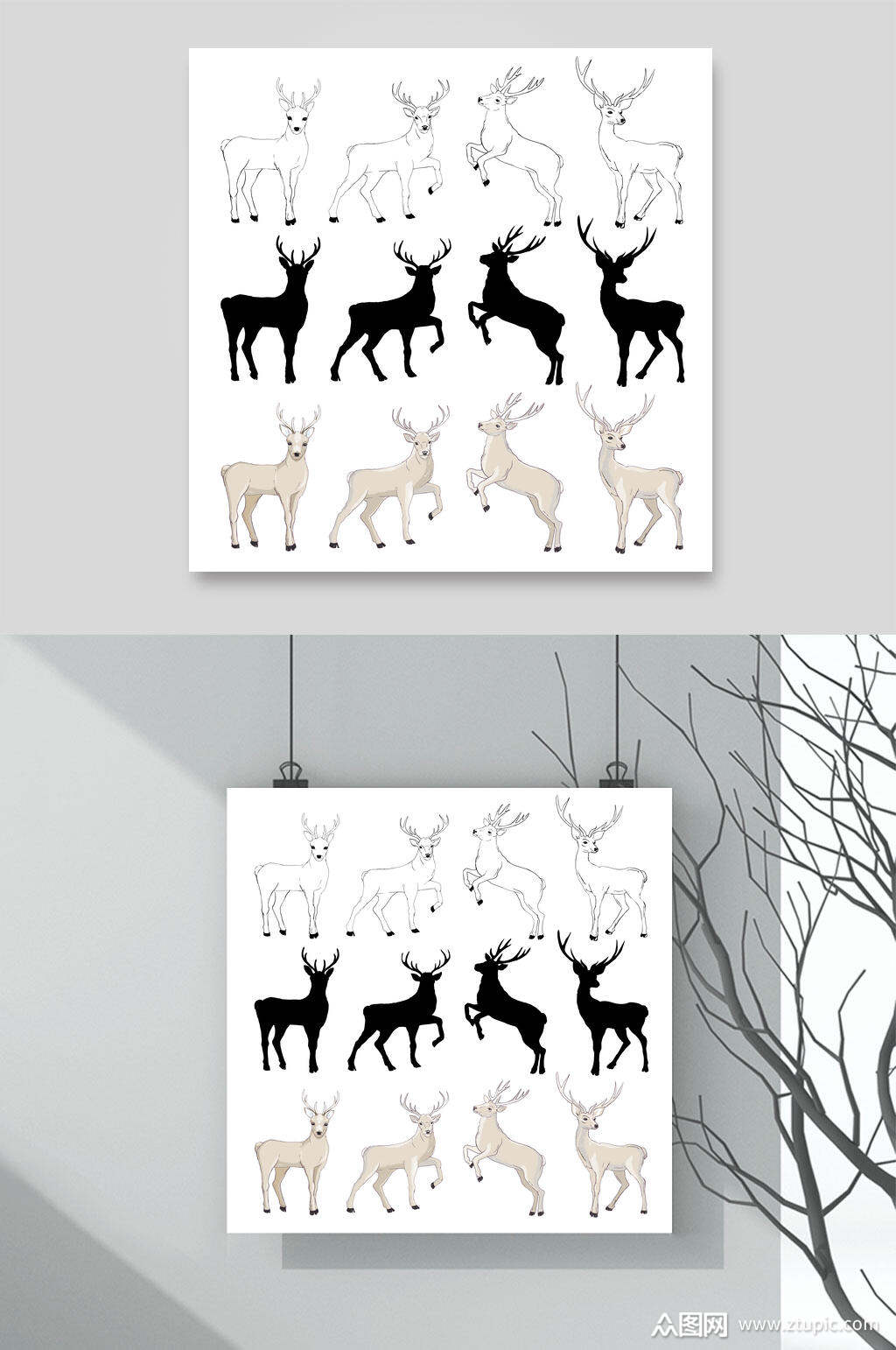 黑黄线条手绘清新简约麋鹿矢量素材素材