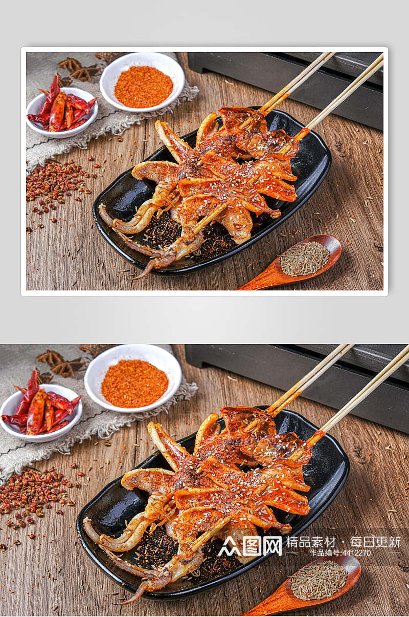 海星鱿鱼胡椒粉木板棕烧烤图片素材