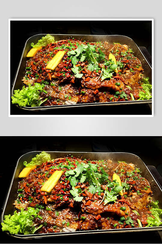 香菜辣椒近景高清美味烤鱼图片-众图网