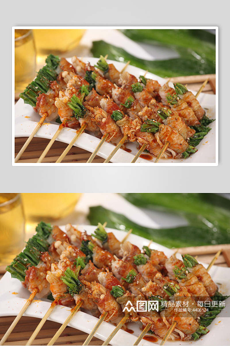韭菜肉卷烤金针菇图片素材