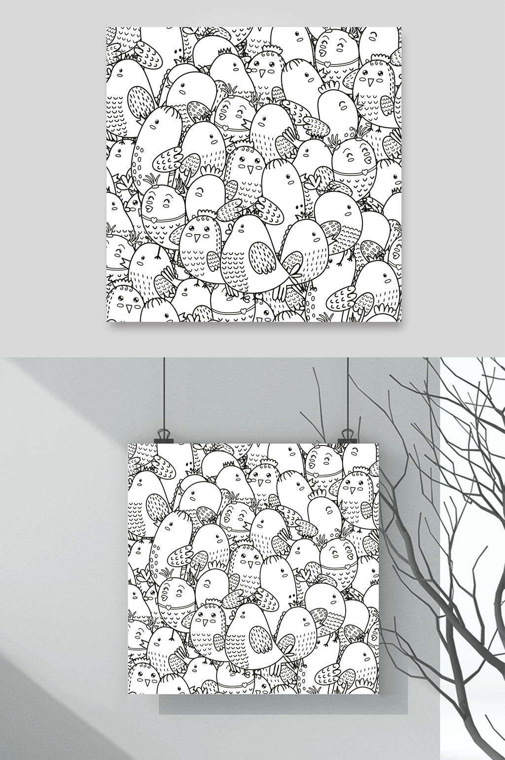 小鸟简约黑白卡通手绘图案矢量素材素材