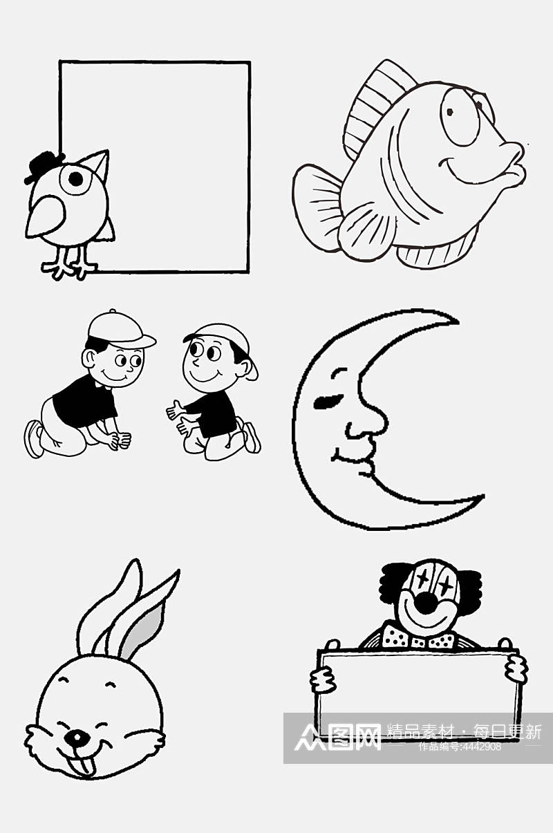 兔子月亮黑白线稿手绘图免抠素材素材