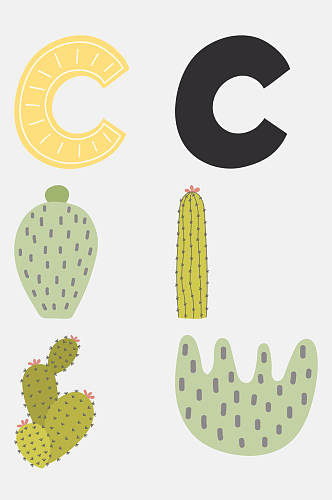 仙人掌可爱卡通动植物字母免抠素材
