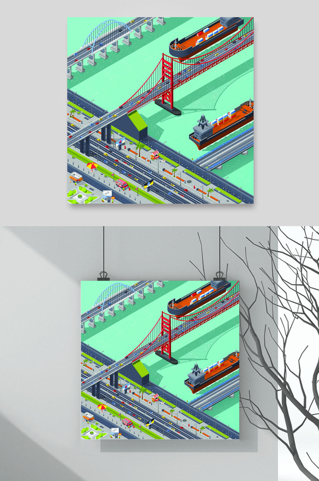 桥梁道路绿色城市交通矢量素材素材